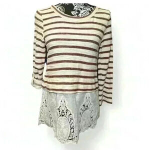 Blu Pepper Women's Striped Blouse Eyelet Trim 3/4 Sleeve Size S